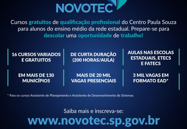 Abertas as inscrições para o Novotec até dia 14/07